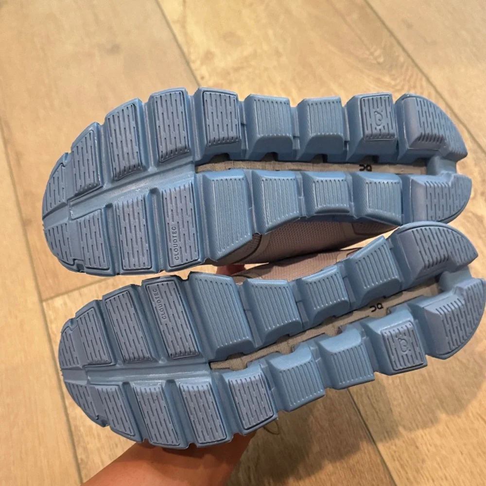 On Running Cream and Blue Athletic Shoes - Picture 4 of 5